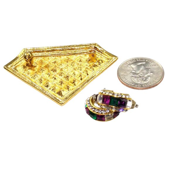 Diamond Shaped Crystal Encrusted Brooch and Matching Hoop Earrings, Colorful - Picture 4 of 4
